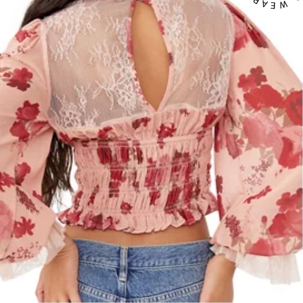 NWT Free People Daphne Floral lace long sleeve blouse feminine croquette boho - Picture 3 of 11
